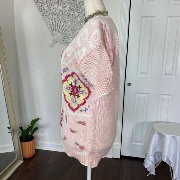 Vintage Light Blush Pink Boho Coquette Knitted Knit Shortsleeve Sweater Top M - Picture 5 of 7